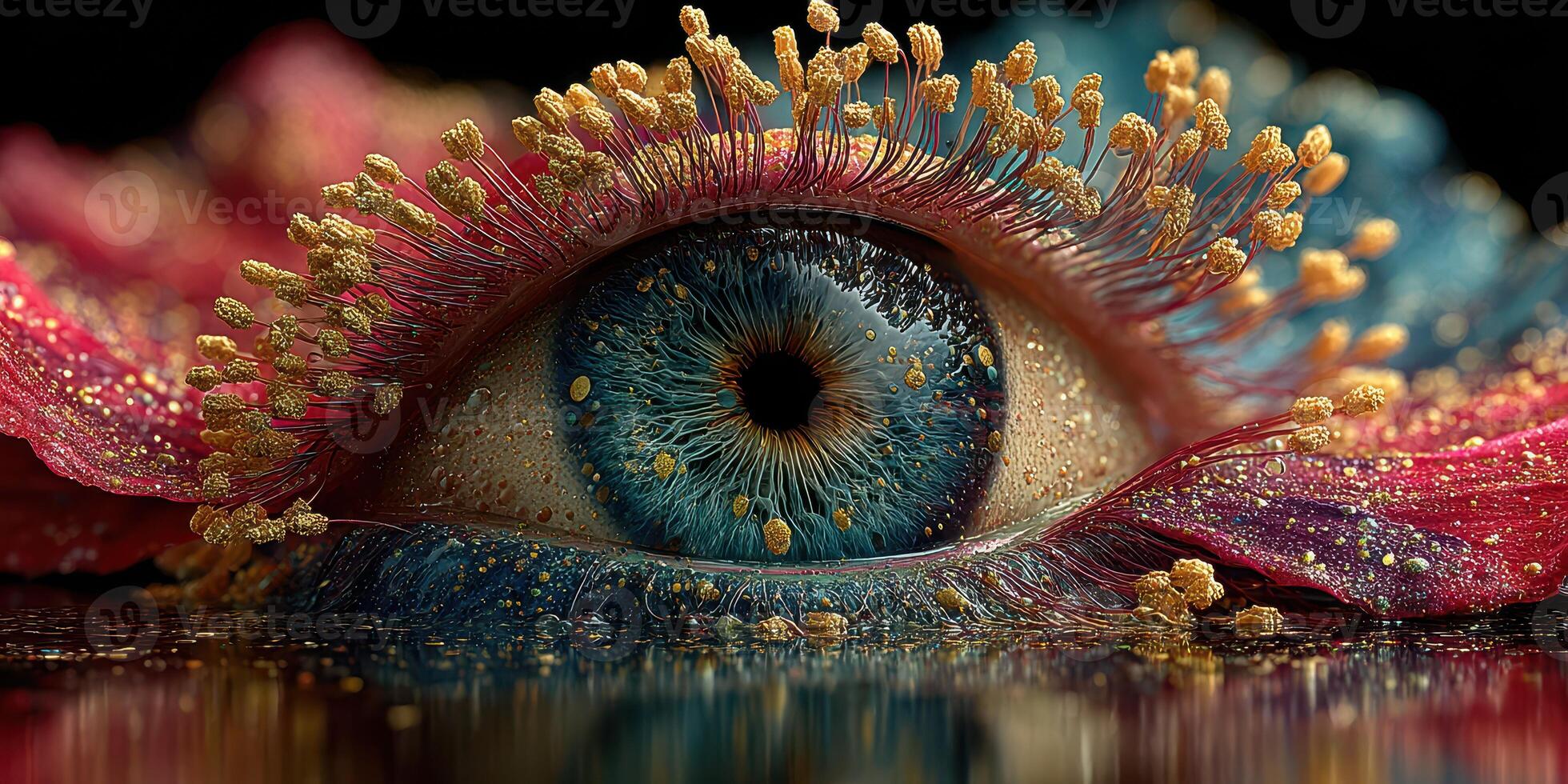 Eye surrounded by colorful petals and golden pollen creating a vivid and artistic representation of nature's beauty photo
