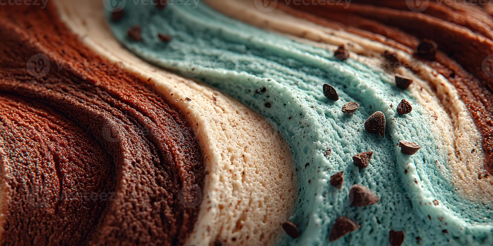 Swirls of ice cream in chocolate and mint flavors with chocolate chips on a warm summer day photo