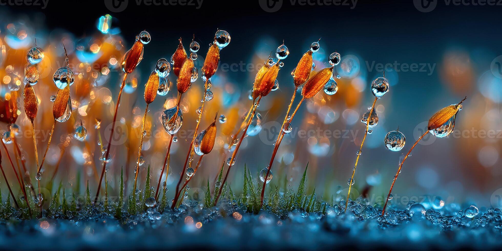 Morning dew glistens on orange moss at dawn, showcasing nature's beauty during early hours in a serene environment photo