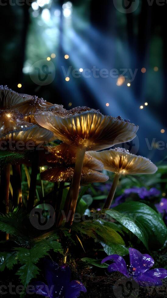 Mushrooms glowing in a mystical forest setting with soft light rays highlighting nature's beauty photo