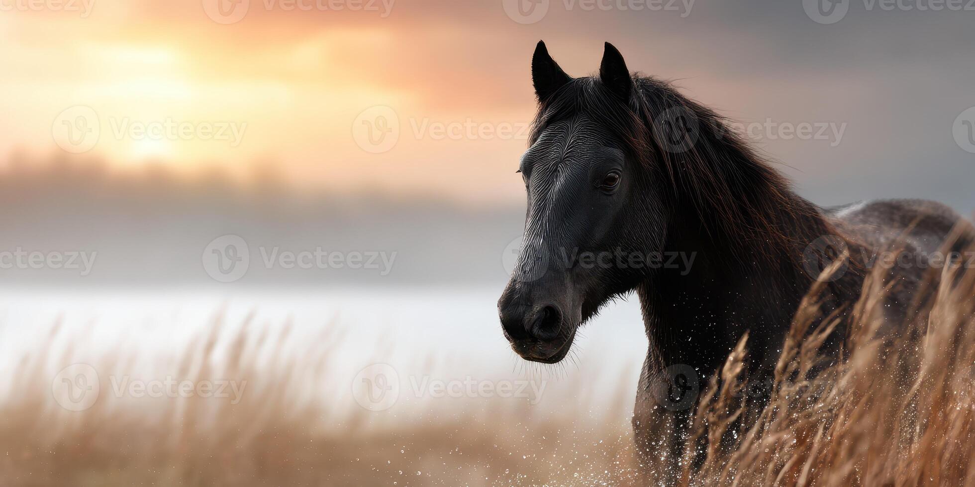 Majestic black horse stands in tall grass during sunset at a serene coastal landscape photo