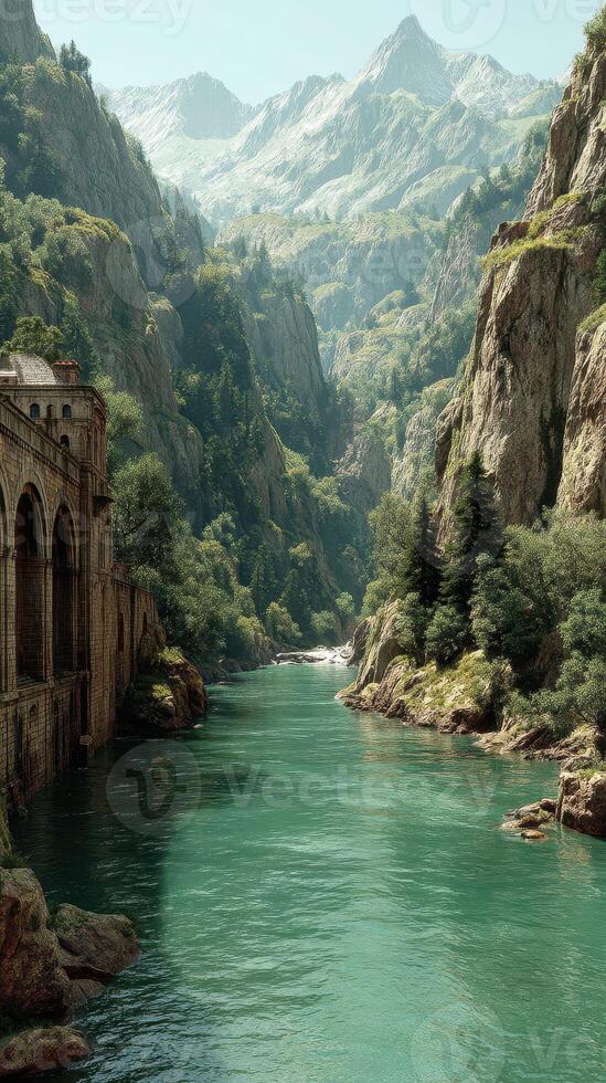 Scenic river flows through majestic mountains and ancient stone structure amidst lush greenery photo