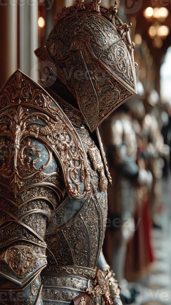 Ornately designed knight armor displayed in a historic castle setting during daylight photo