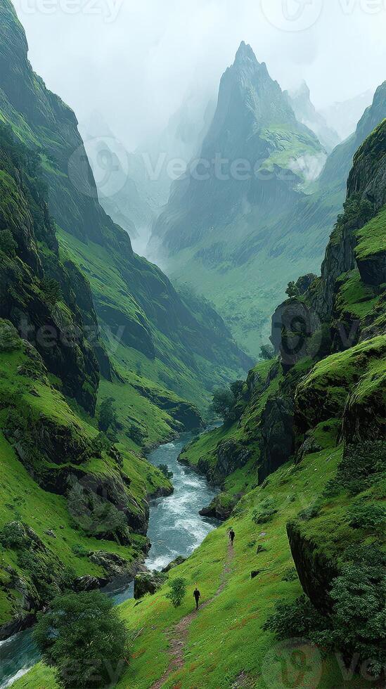 Exploring a lush valley with towering mountains under a misty sky during a serene outdoor adventure photo