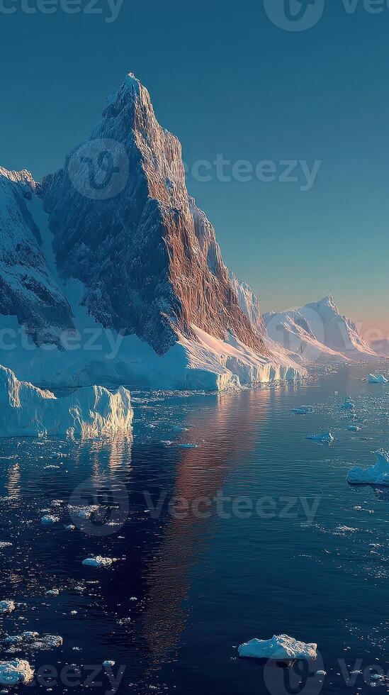 Majestic mountain peak reflecting in calm waters of an icy fjord at sunrise in the Antarctic landscape photo