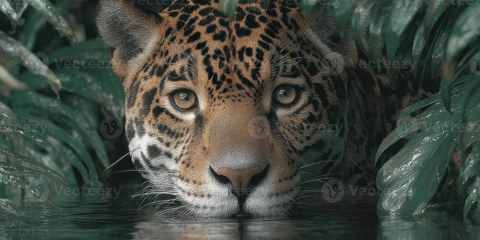 Jaguar resting in water surrounded by lush green foliage in the tropical rainforest photo