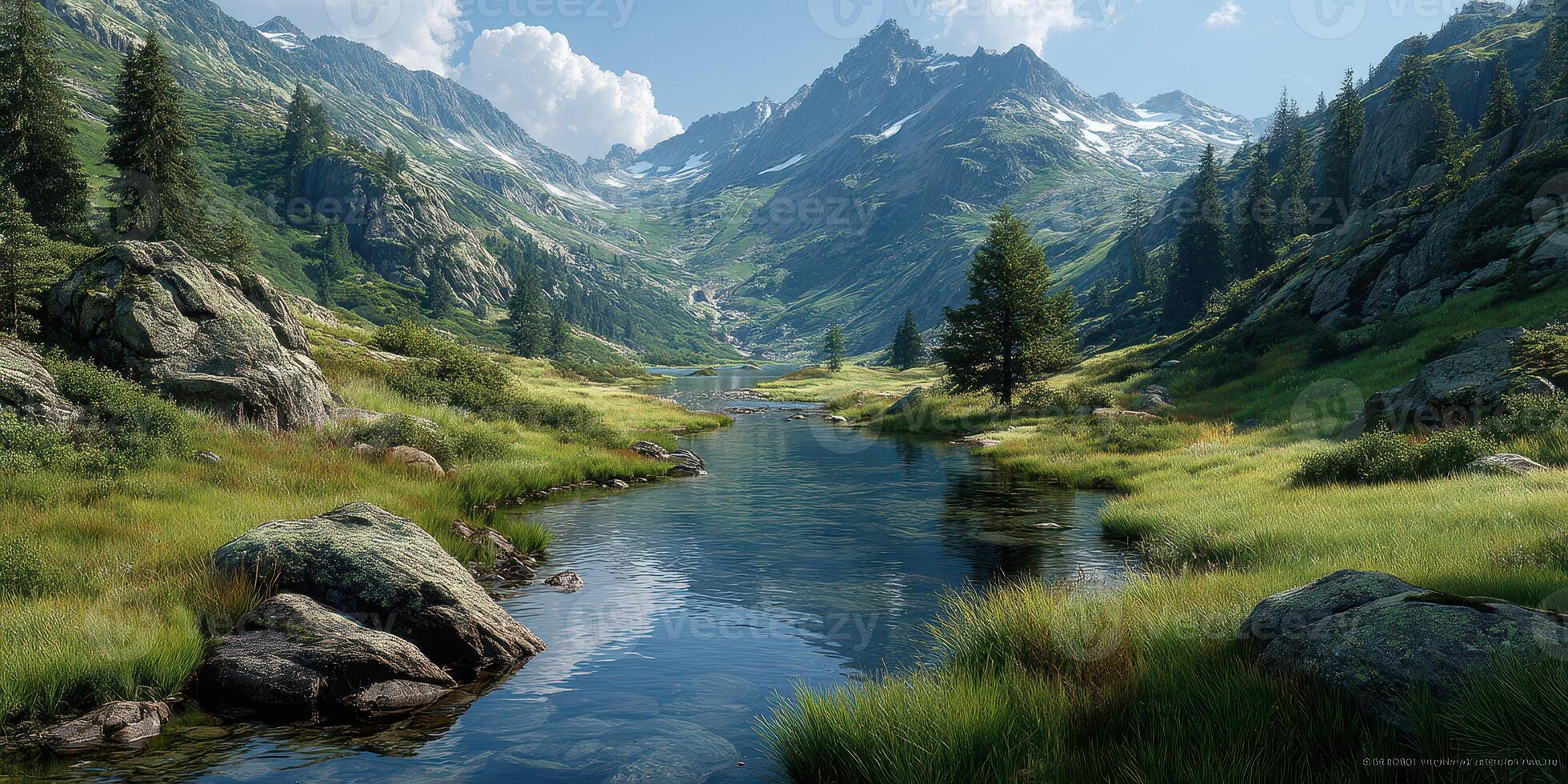 Majestic mountain valley with a clear river and lush greenery in daytime photo