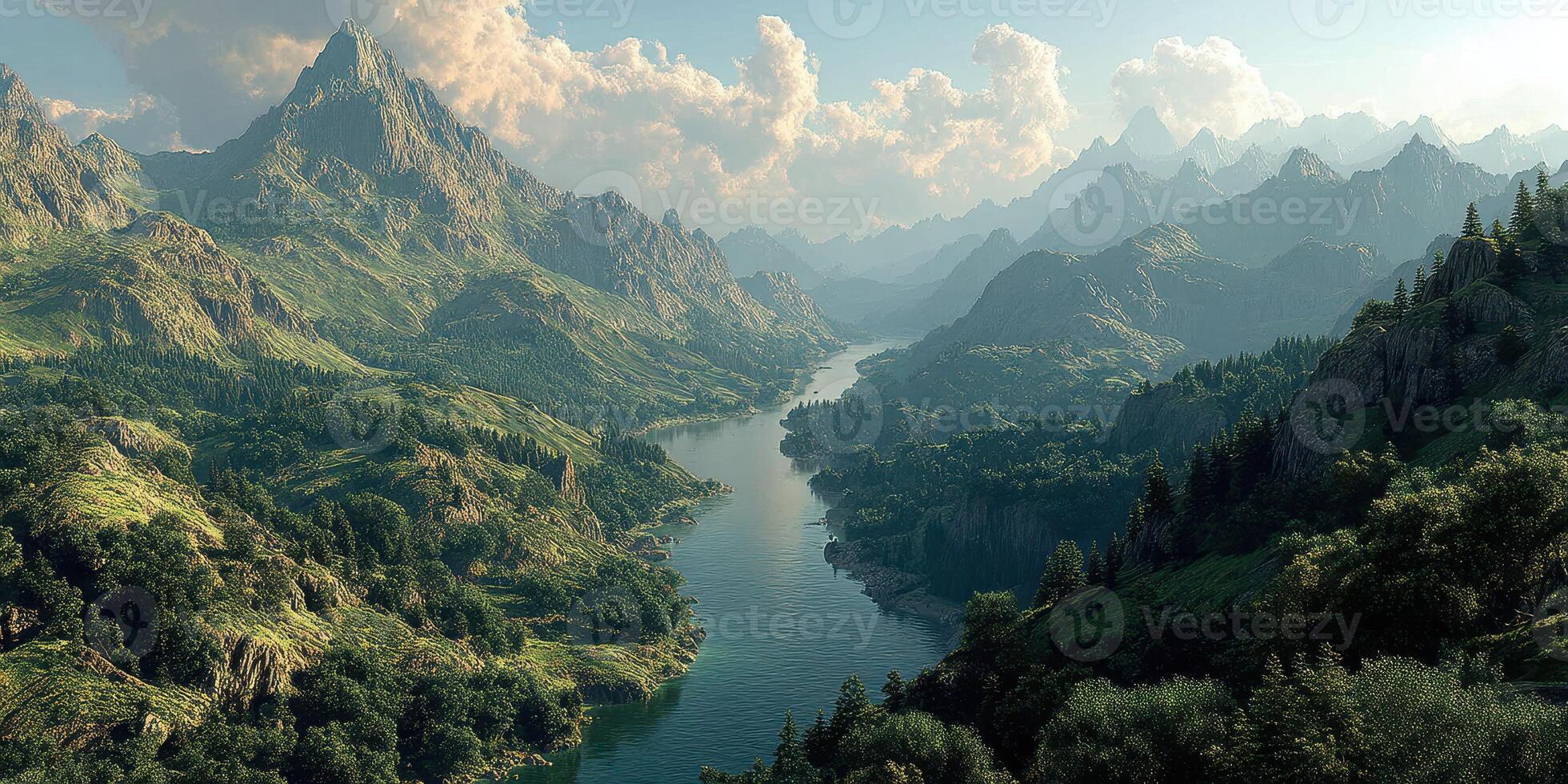 Majestic mountain landscape featuring a flowing river and lush greenery under a bright sky at golden hour photo