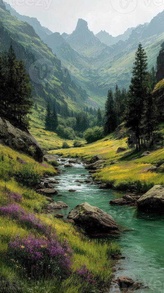 Mountain valley with flowing river, lush greenery, and vibrant wildflowers in springtime sunlight photo