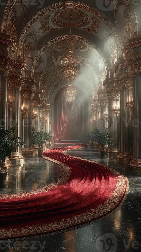 Luxurious ballroom with ornate chandeliers and elegant red carpet winding through grand columns photo
