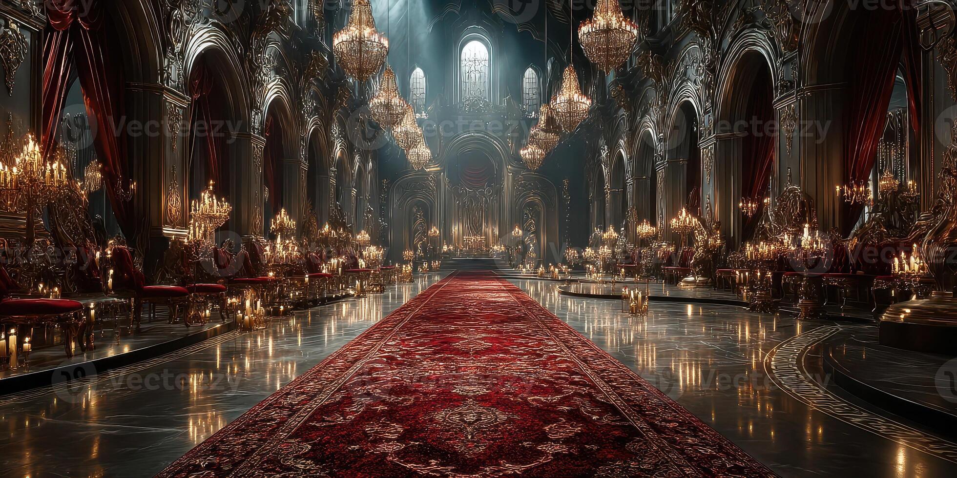 Luxurious grand hall with ornate chandeliers and red carpet in an opulent setting photo