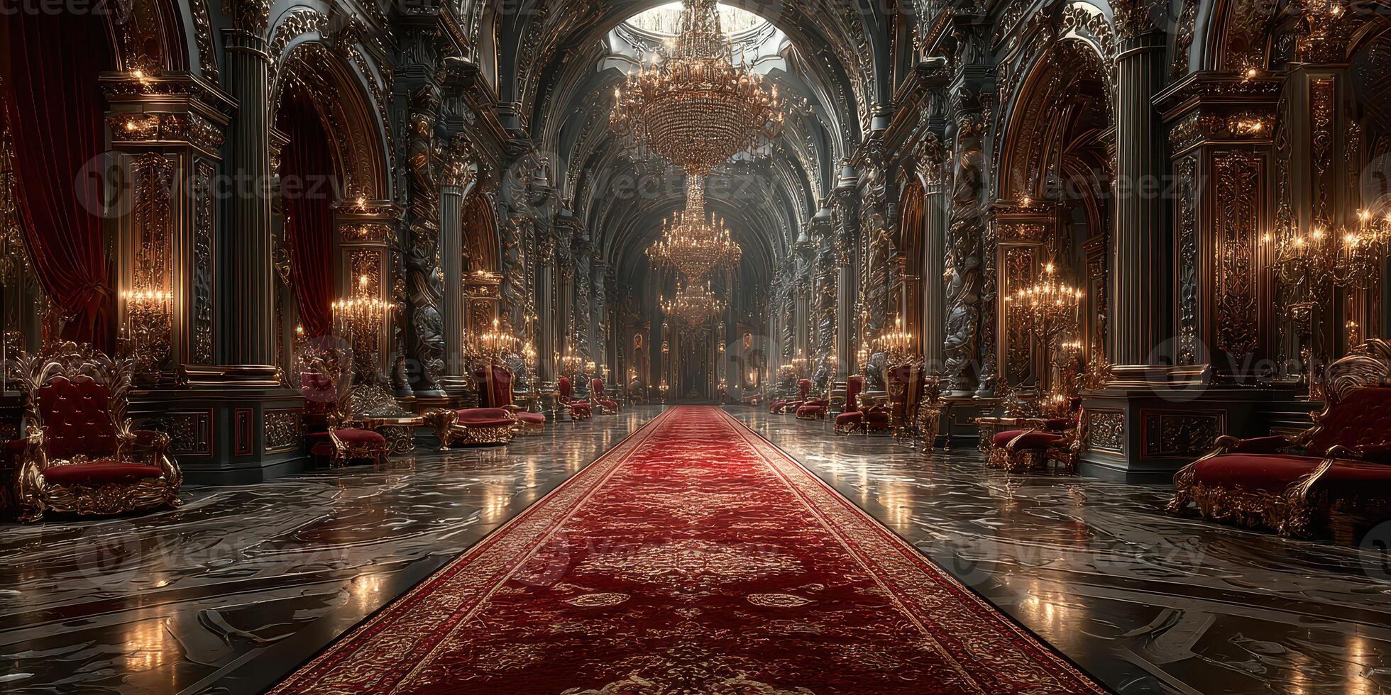 Ornate palace interior with grand chandeliers and luxurious decor unfolds in an opulent setting at dusk photo