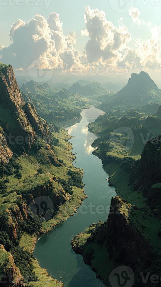 Majestic river flowing through rolling hills and mountains during golden hour in a serene landscape photo