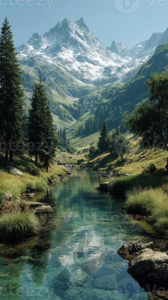 Majestic mountain landscape with a serene river in the foreground and snow-capped peaks in the distance photo