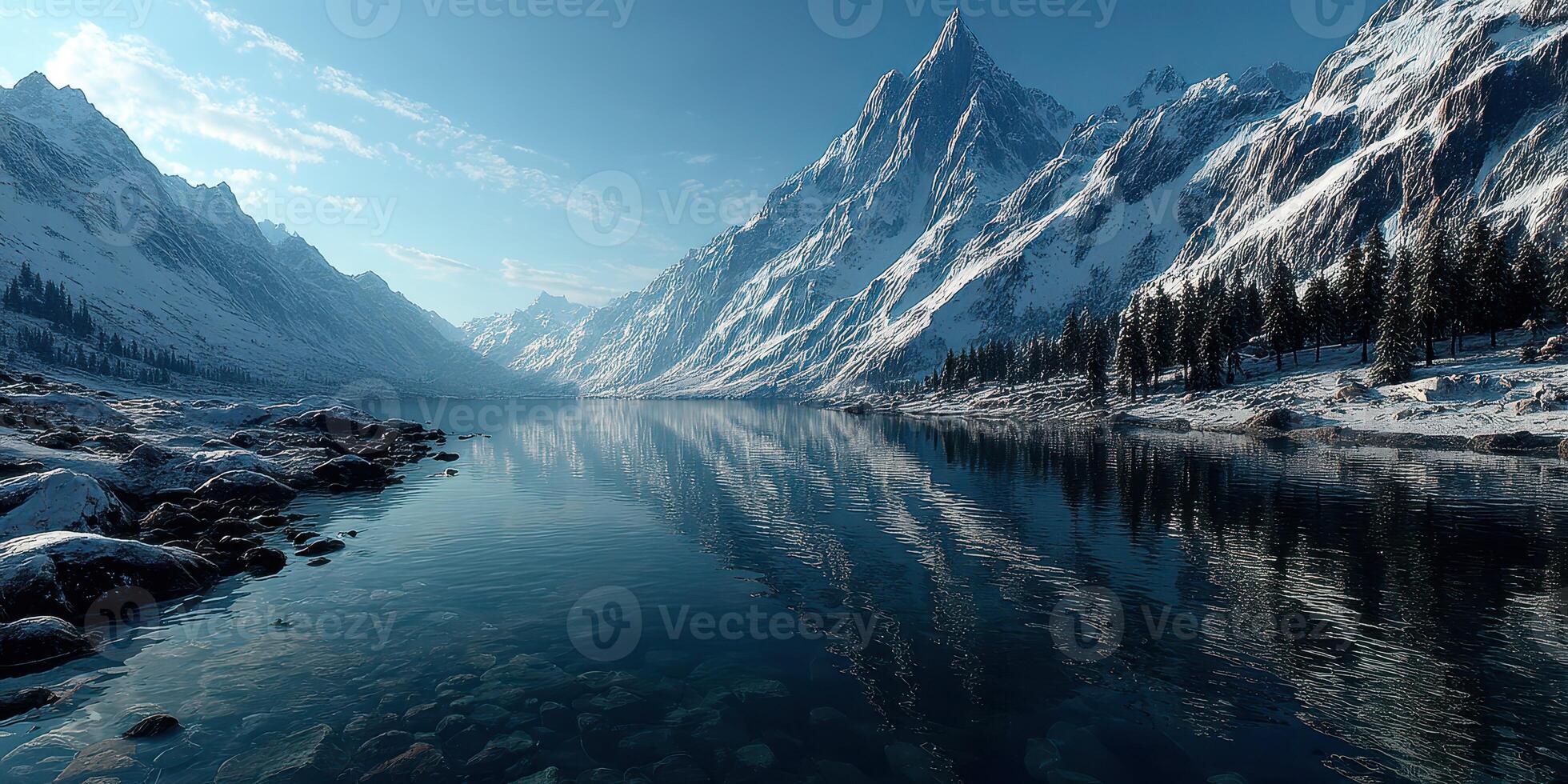 Beautiful winter landscape with snow-covered mountains and a calm lake reflecting the scenery in the early morning light photo