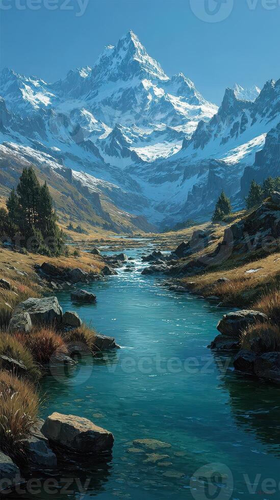Majestic mountain landscape with a serene river flowing through a verdant valley on a clear day photo