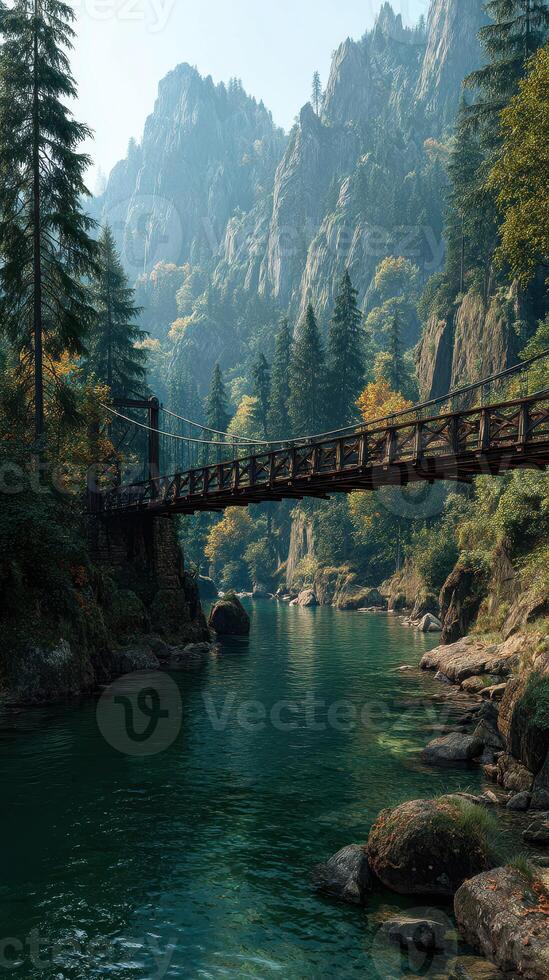 Wooden bridge spans serene river surrounded by autumn colors in mountainous landscape during early morning hours photo