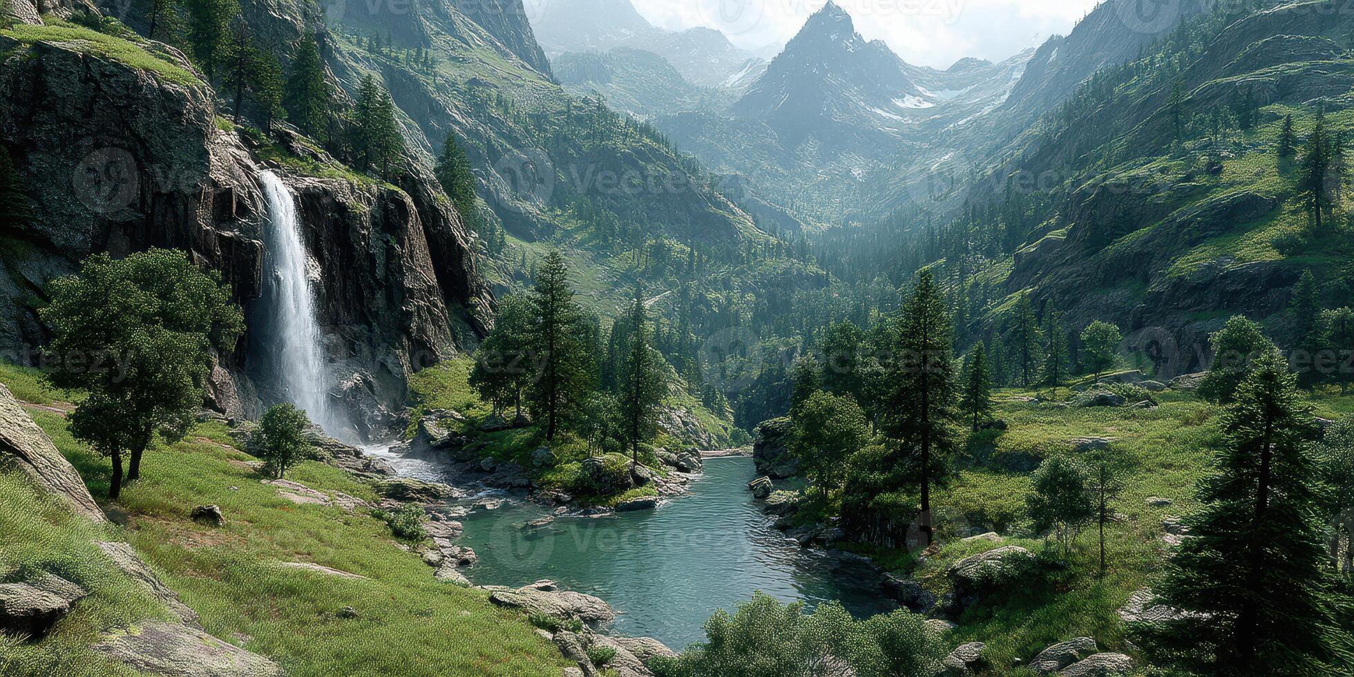 Majestic waterfall cascades into a serene river surrounded by lush green mountains under a bright sky photo