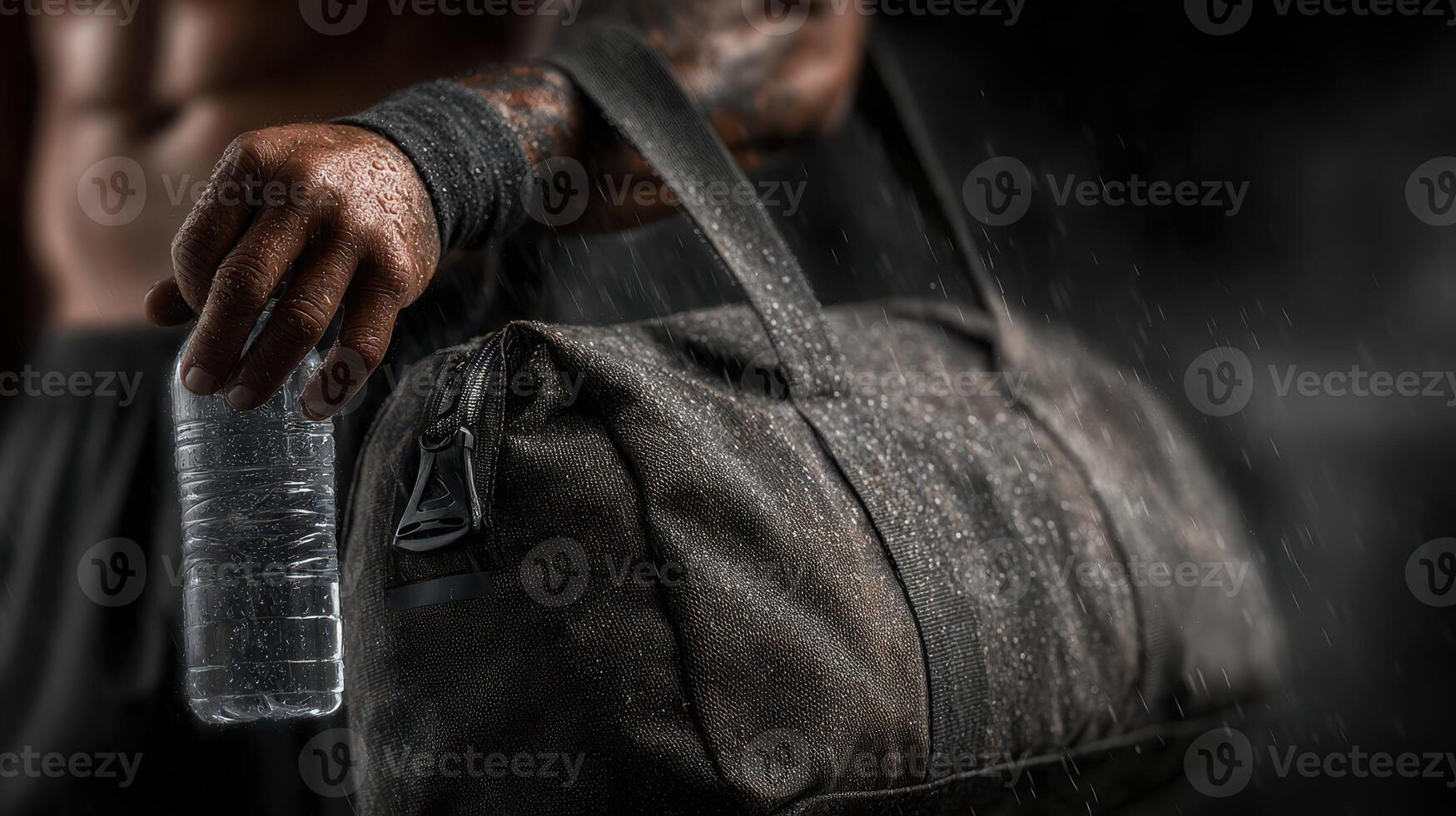 Workout preparation with a water bottle and gym bag in a dramatic setting photo