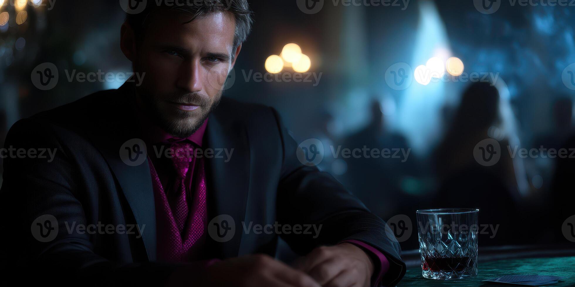 Man in a suit sitting at a dimly lit table, evening atmosphere with whiskey glass and blurred background photo