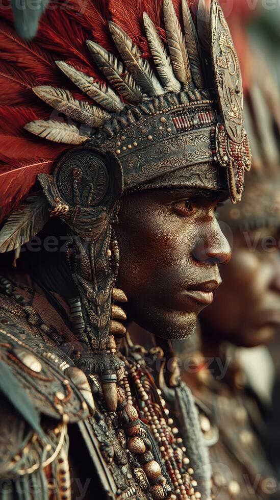 Traditional warrior in elaborate feathered headdress during cultural celebration in vibrant setting photo