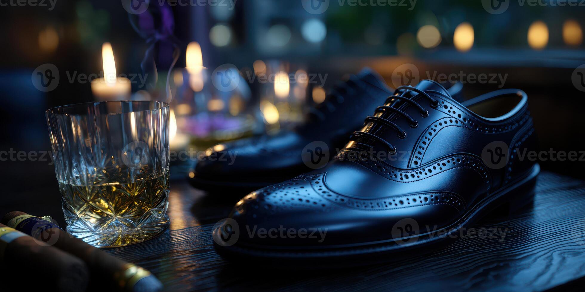 Elegant leather shoes paired with whiskey and cigars create a refined atmosphere for relaxation and conversation photo