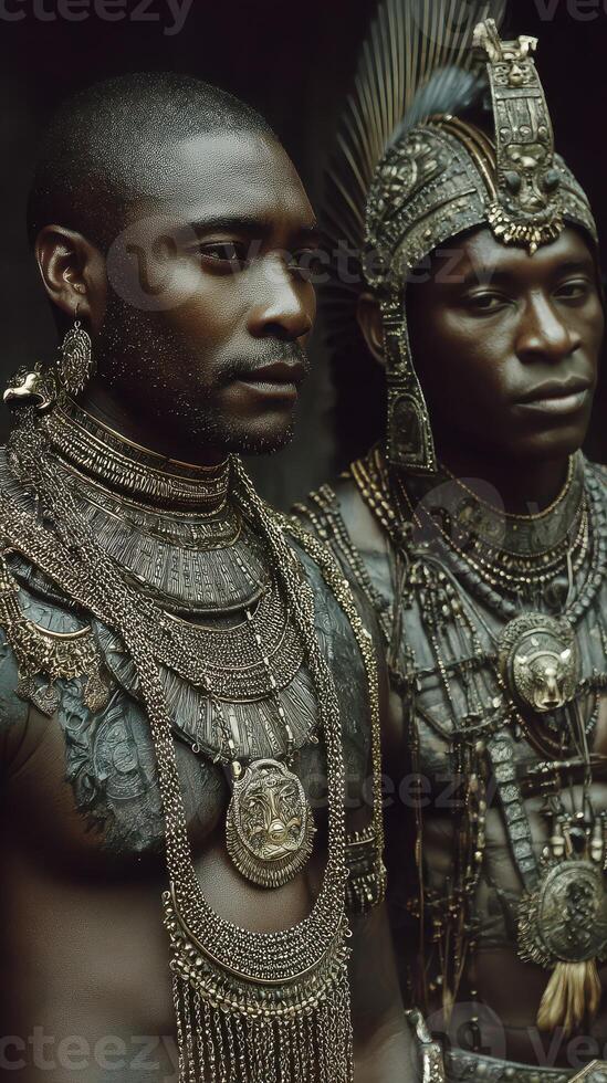 Cultural heritage shines through elaborate jewelry worn by two men in traditional attire during a ceremonial event photo