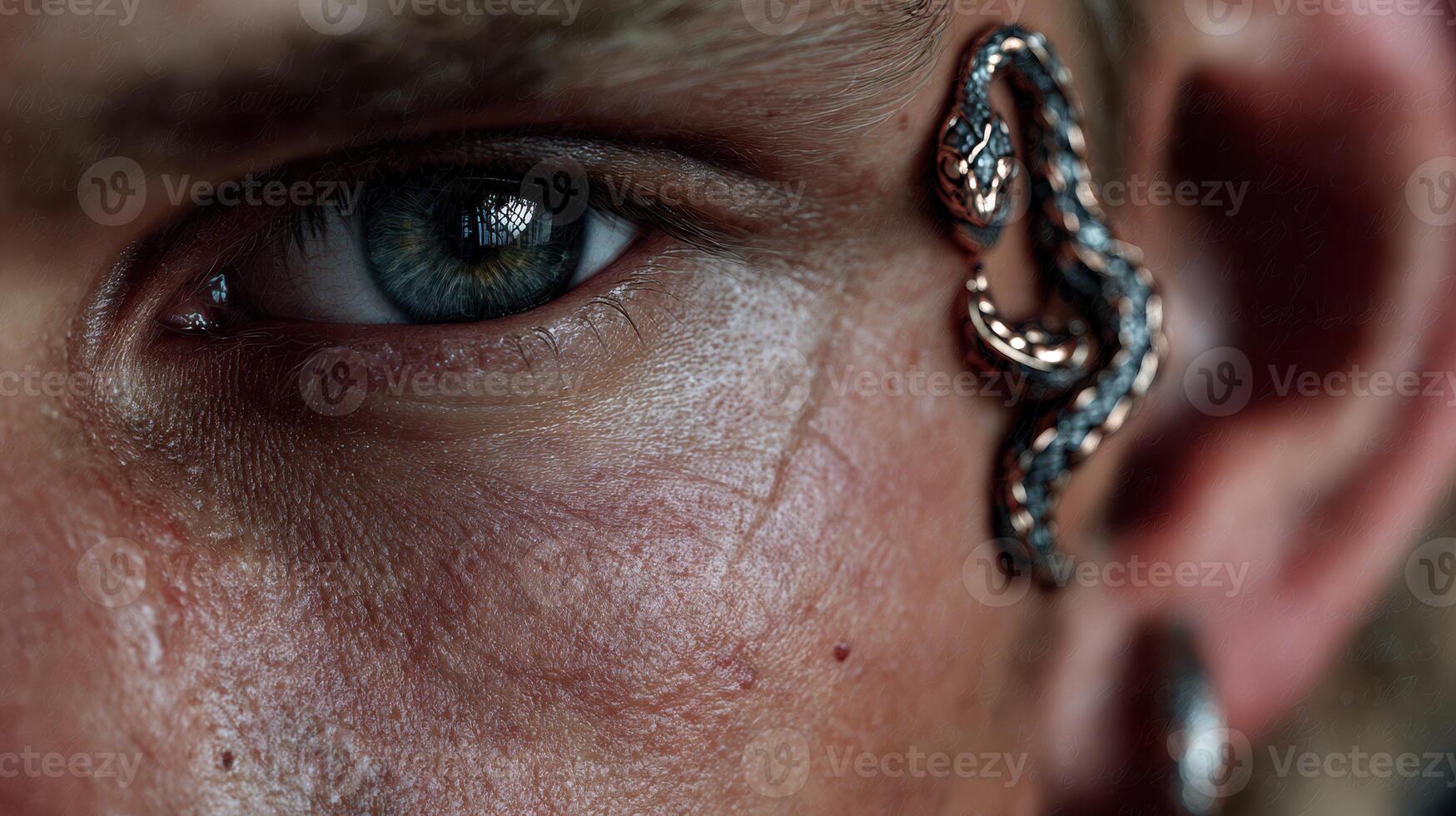 Close-up of a person with a striking snake earring and mesmerizing blue eye detail under natural light photo