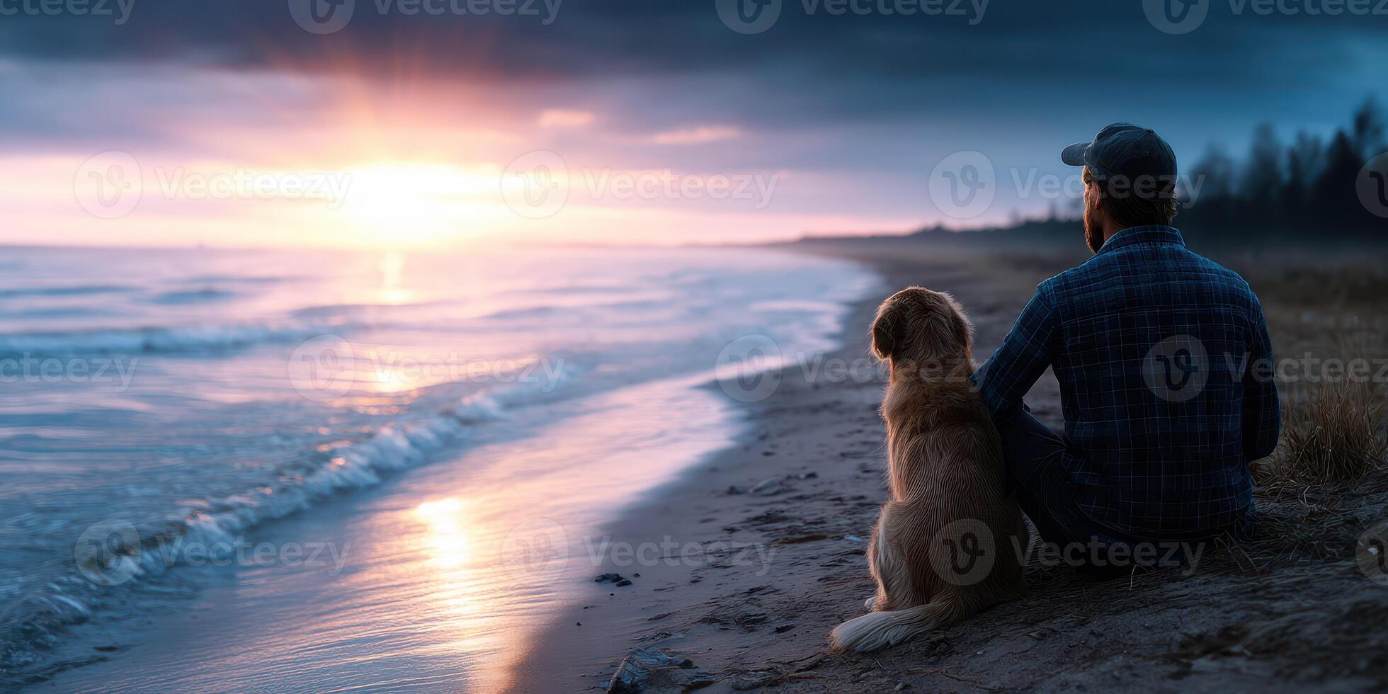 Man sitting on a beach with his dog watching a sunset over calm waters photo