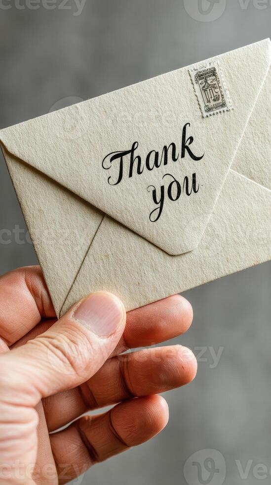 Hand holding a thank you card with an elegant design against a neutral backdrop photo
