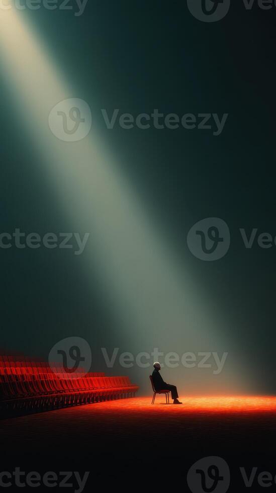 Lonely figure sitting on a chair illuminated by a beam of light in an empty theater during a quiet evening photo