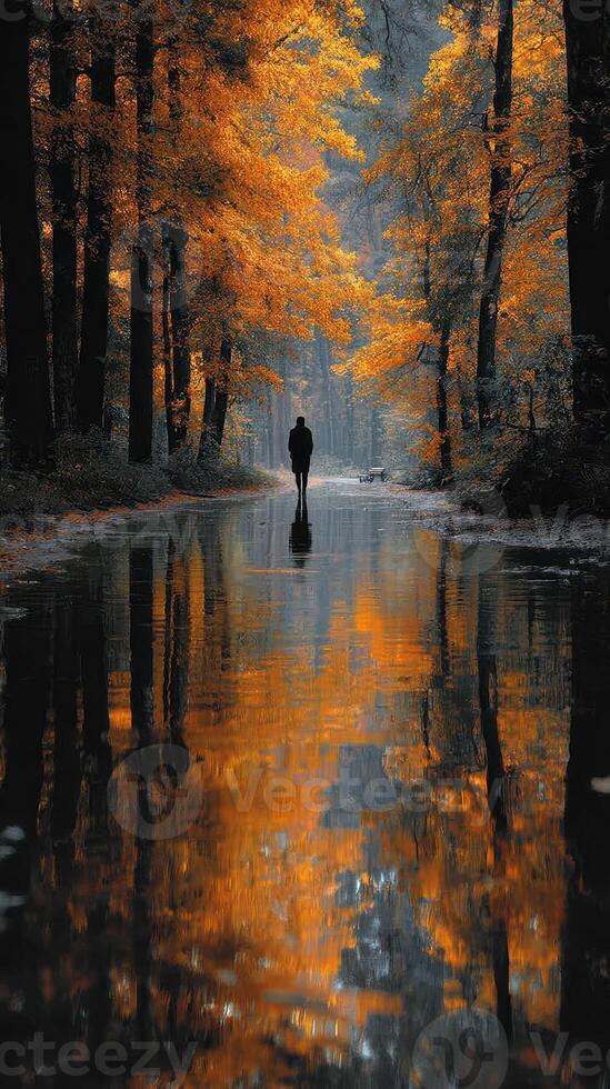 Person walking along a tranquil river in a forest with colorful autumn leaves photo