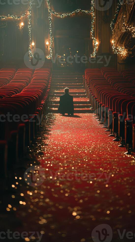 Cinematic atmosphere in an empty theater with sparkling lights and red velvet seating during an evening performance photo