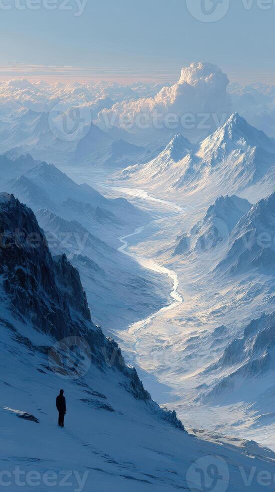 Snow-covered mountains with a river winding through valleys during twilight in an alpine landscape photo