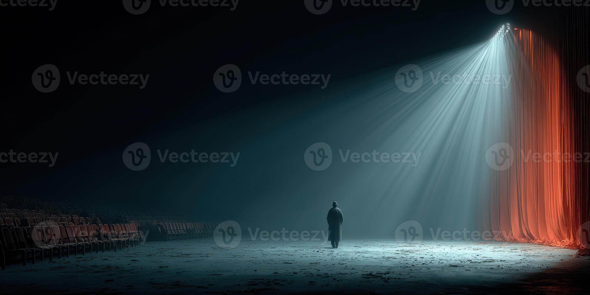 Performer standing alone on stage under spotlight in an empty theater, illustrating solitude and anticipation of a show photo