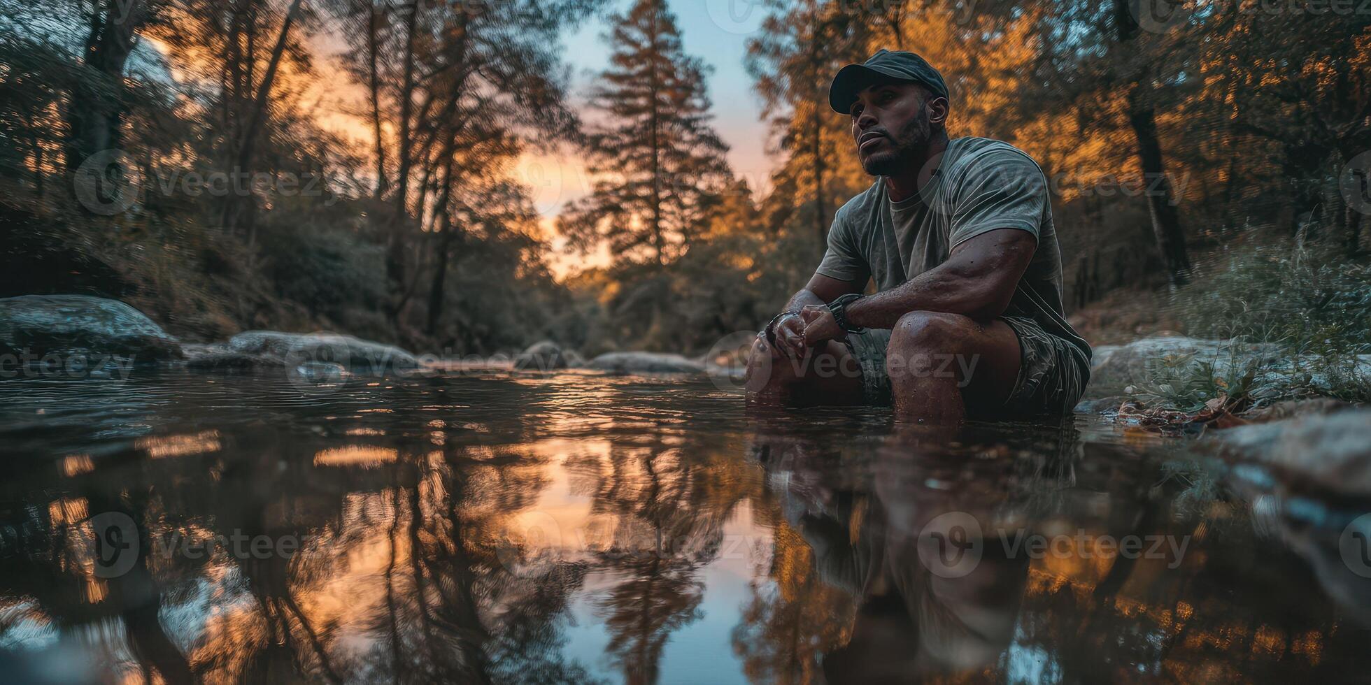 Man sitting in shallow water at sunset in a forested area reflecting on nature's beauty and tranquility photo