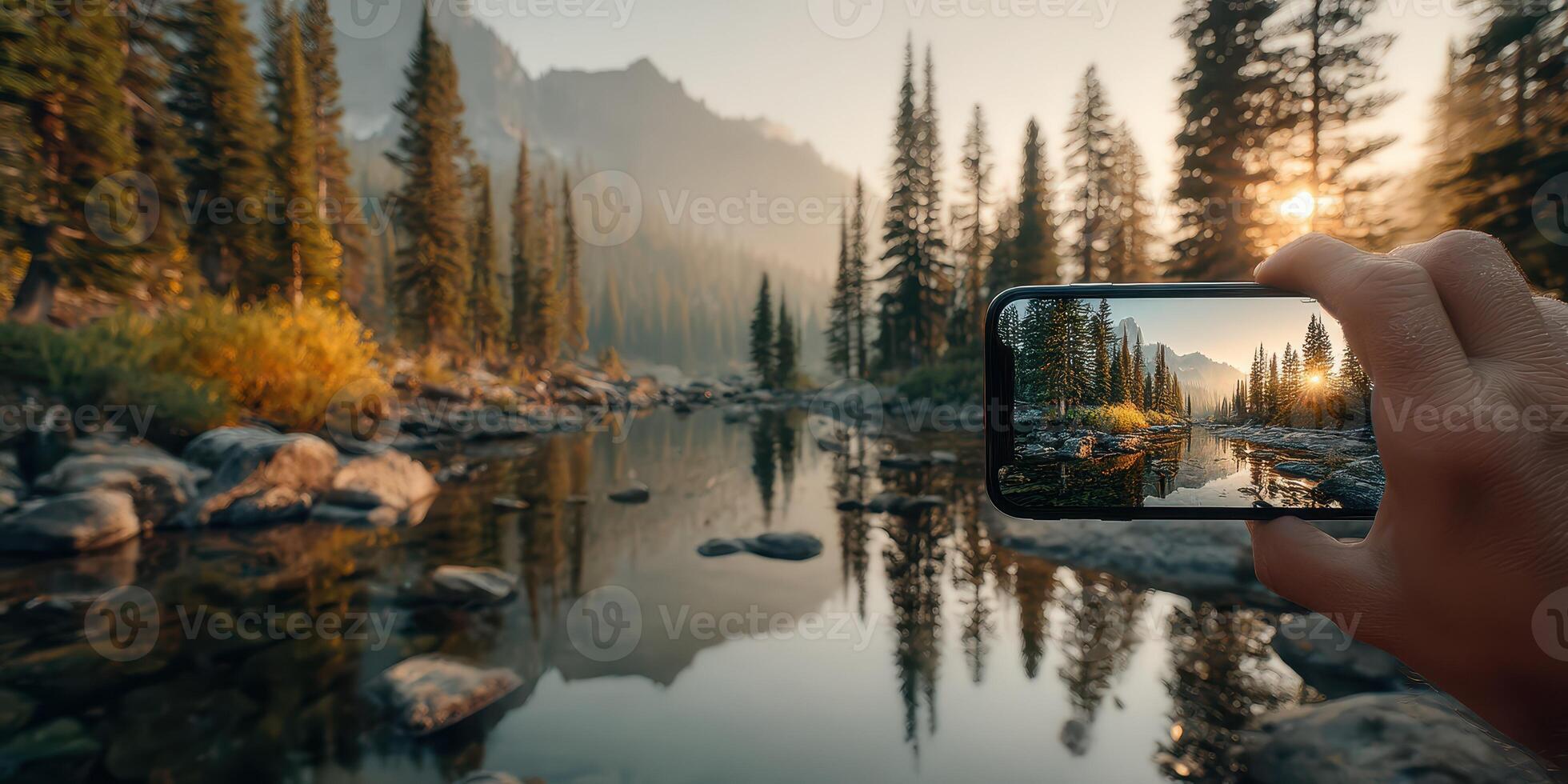 Capturing a tranquil sunrise reflection in a serene forest landscape near a river photo