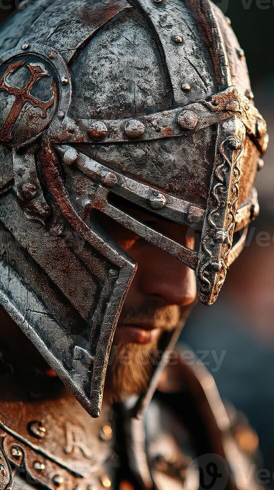 Detailed close-up of a medieval warrior wearing an ornate helmet during a sunset photo