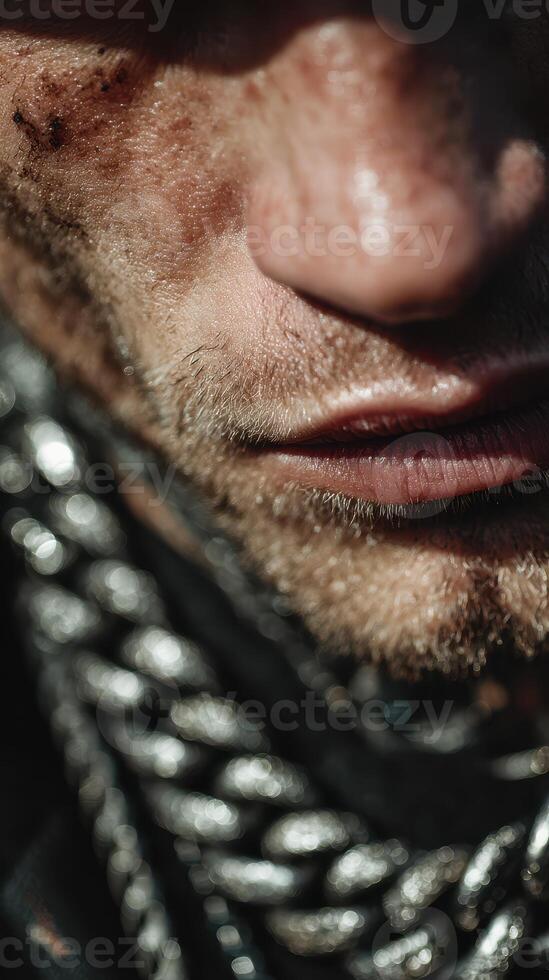 Close-up portrait of an expressive face adorned with jewelry, showcasing emotions and textures in candid moment photo