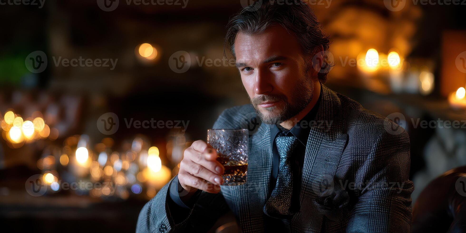 Elegant man enjoying whiskey in a cozy candlelit lounge during an evening gathering photo