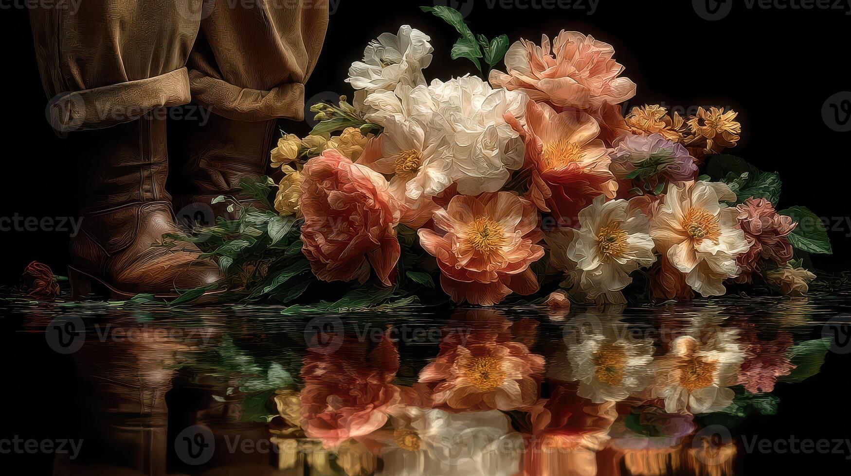 Boots stand beside a colorful array of flowers with their reflection shining on a wet surface photo
