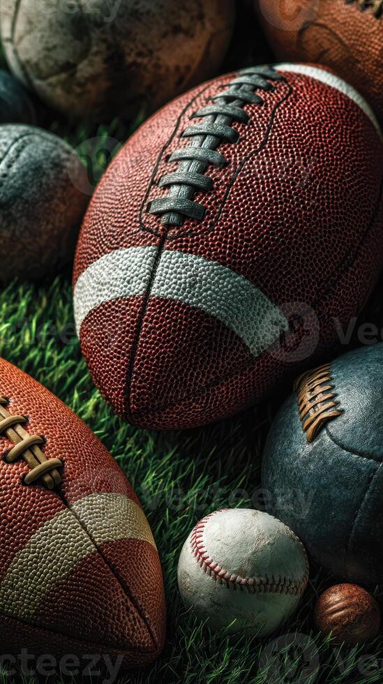 Various sports balls displayed on green grass capturing the essence of outdoor games and teamwork during a sunny day photo