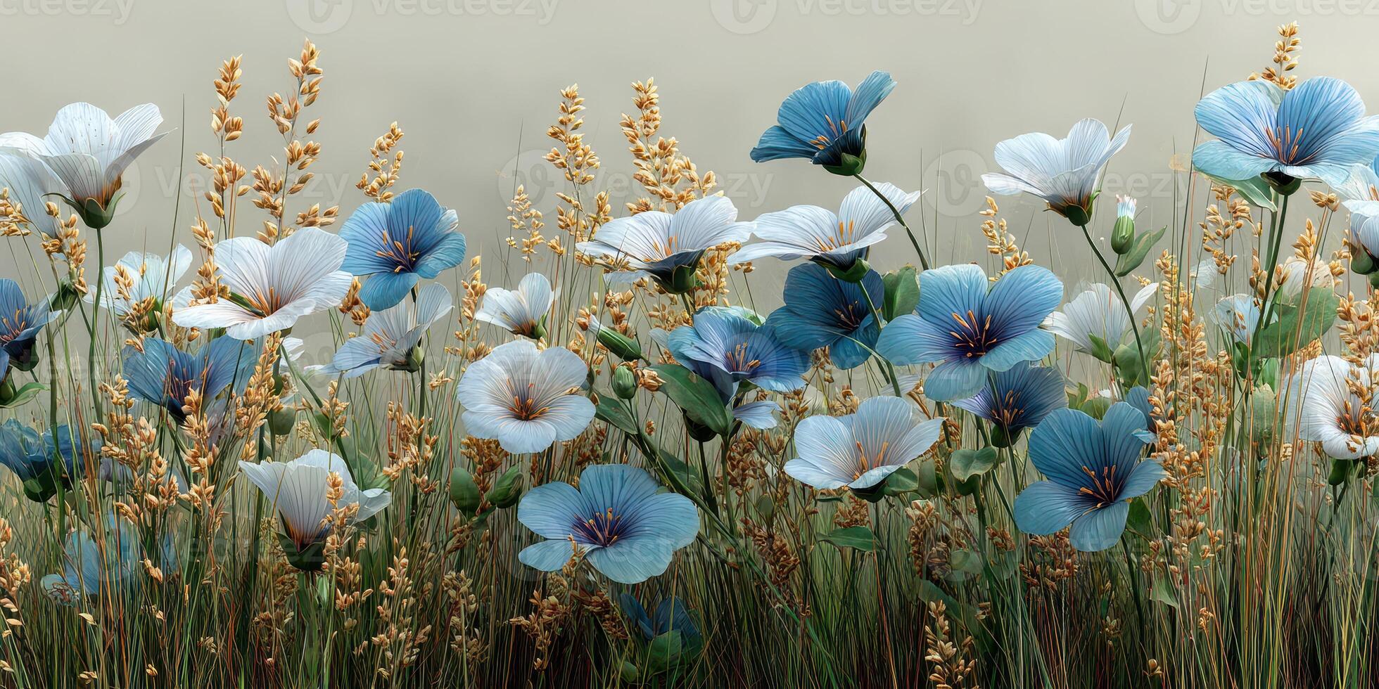 Beautiful blue and white flowers with golden grass in a serene natural setting during daytime hours photo