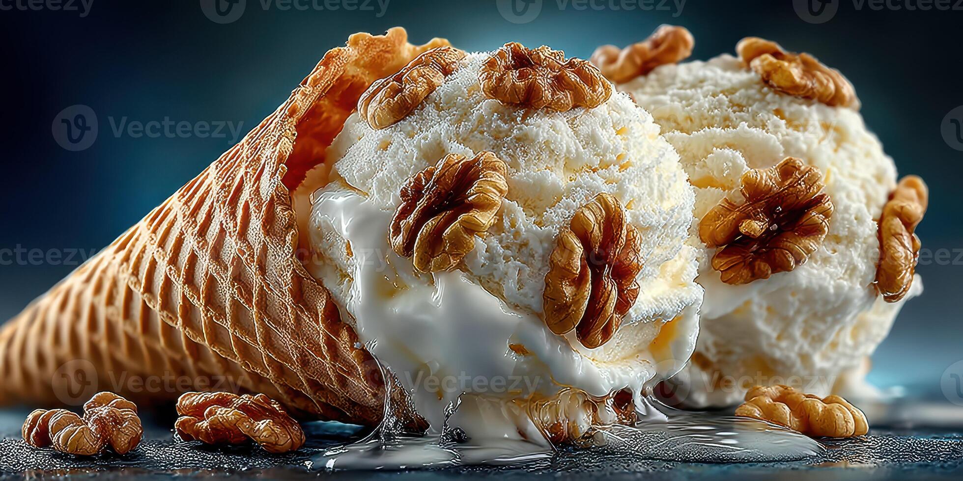 Creamy ice cream cone with walnuts melting in warm light on dark background photo