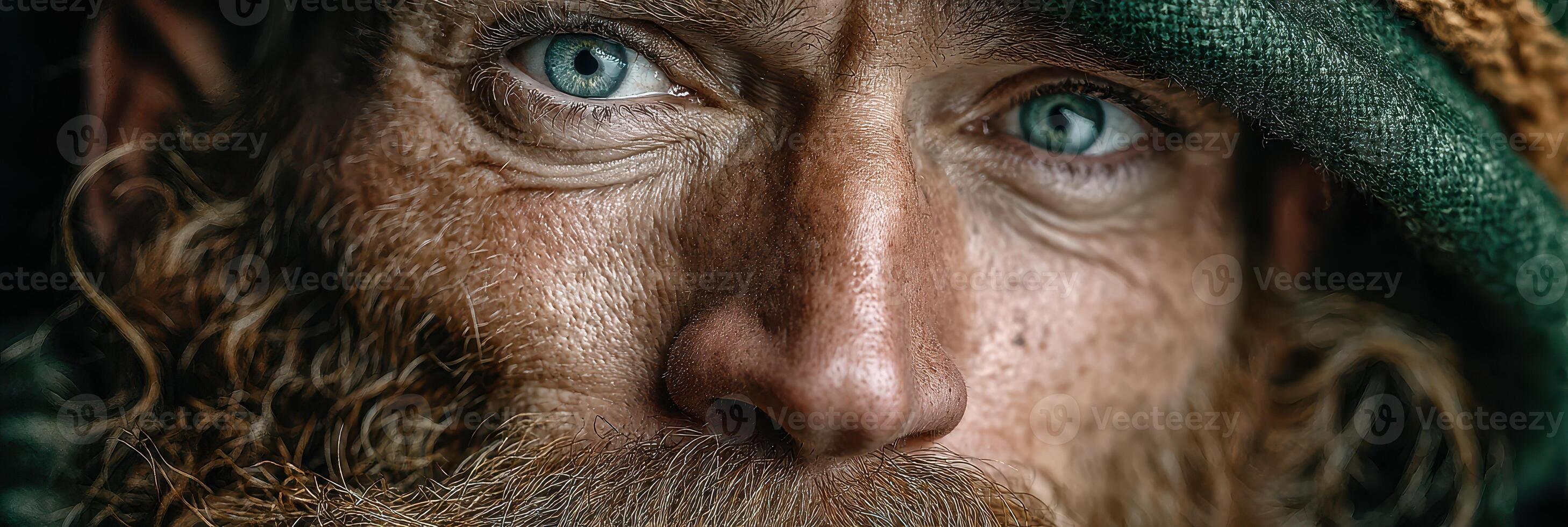 Close-up of a rugged man with piercing blue eyes and a thick beard, wearing a dark hood in a forest setting during twilight photo