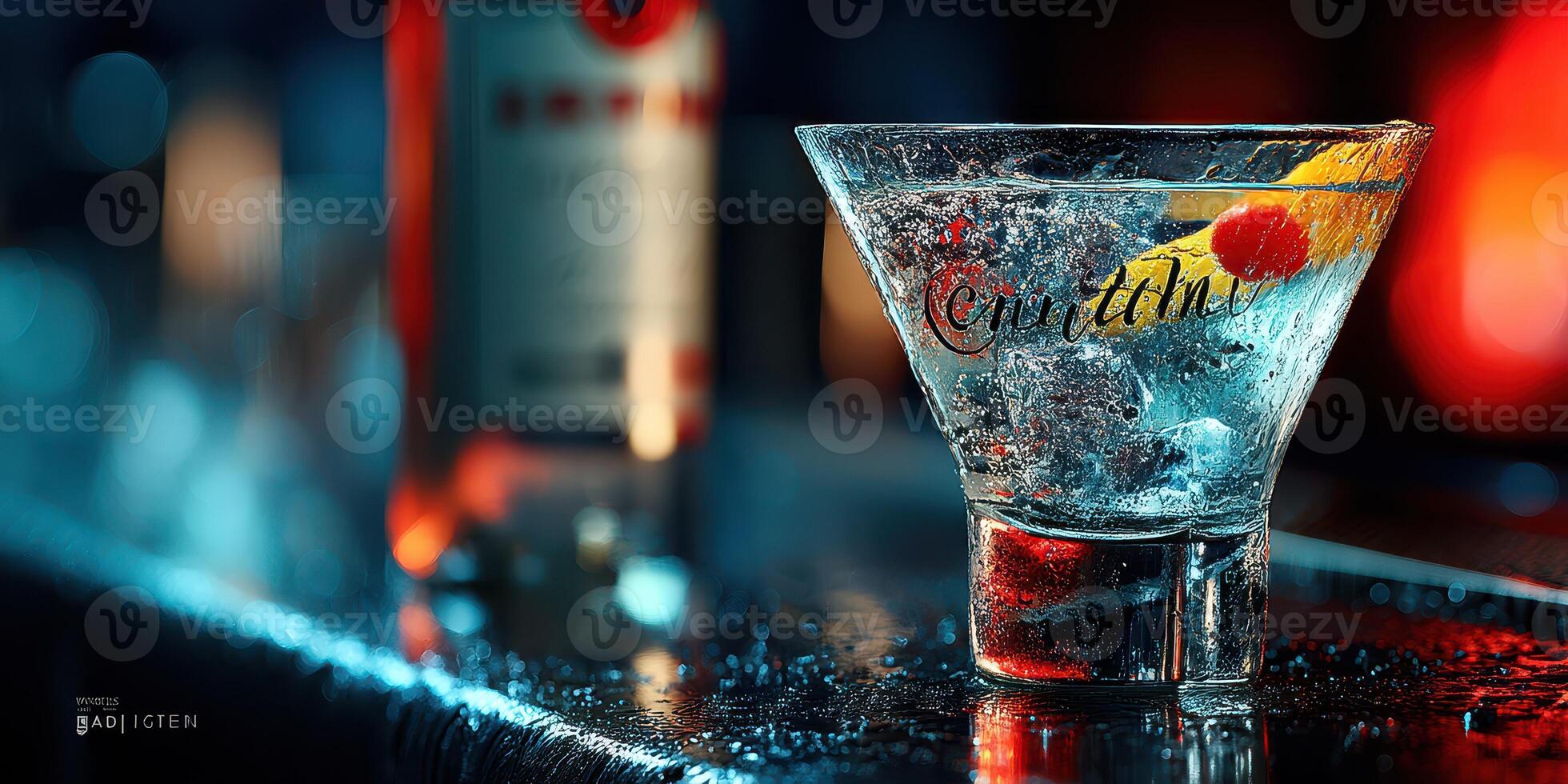 Colorful cocktail with ice and garnish served at a bar during the evening photo
