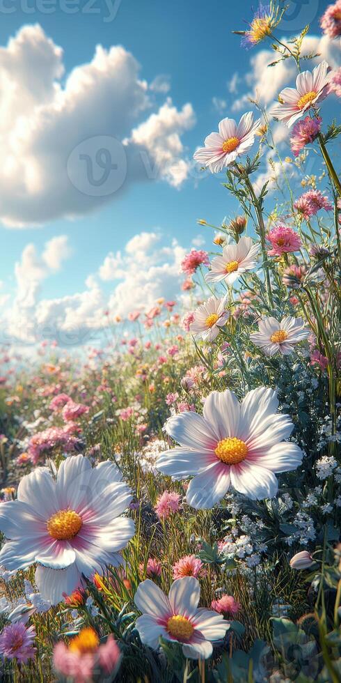 Colorful wildflower field under a bright sky filled with white clouds during a sunny day in springtime photo