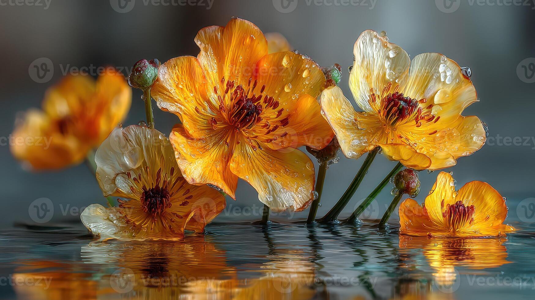 Vivid orange flowers with droplets floating gracefully on a serene water surface photo