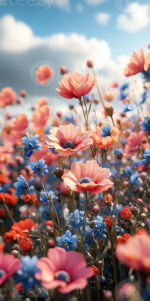 Colorful wildflower field blooms under a blue sky with fluffy clouds in a sunny landscape during springtime photo