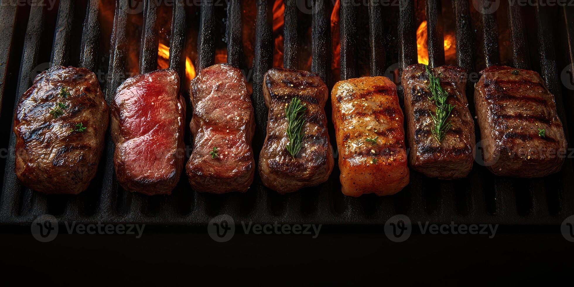 Various cuts of meat grill perfectly over an open flame with a smoky backdrop during a summer barbecue gathering photo